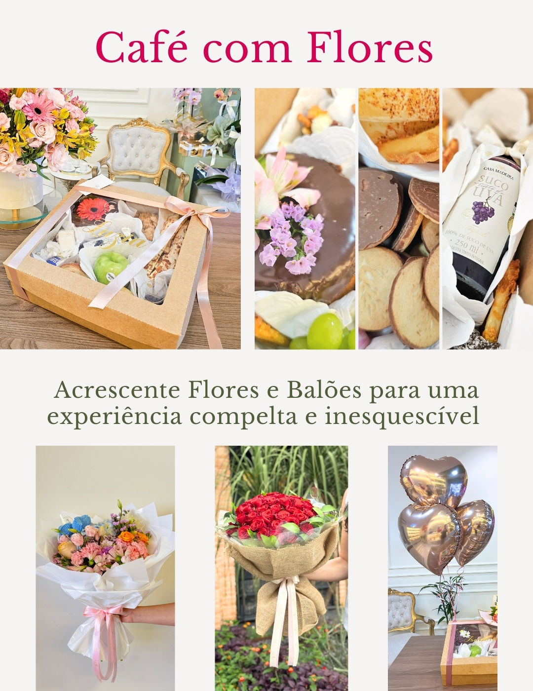 Café com flores - Cesta de café da manhã luxo com personalização na caixa, quitandas, suco, bolo, doces e io