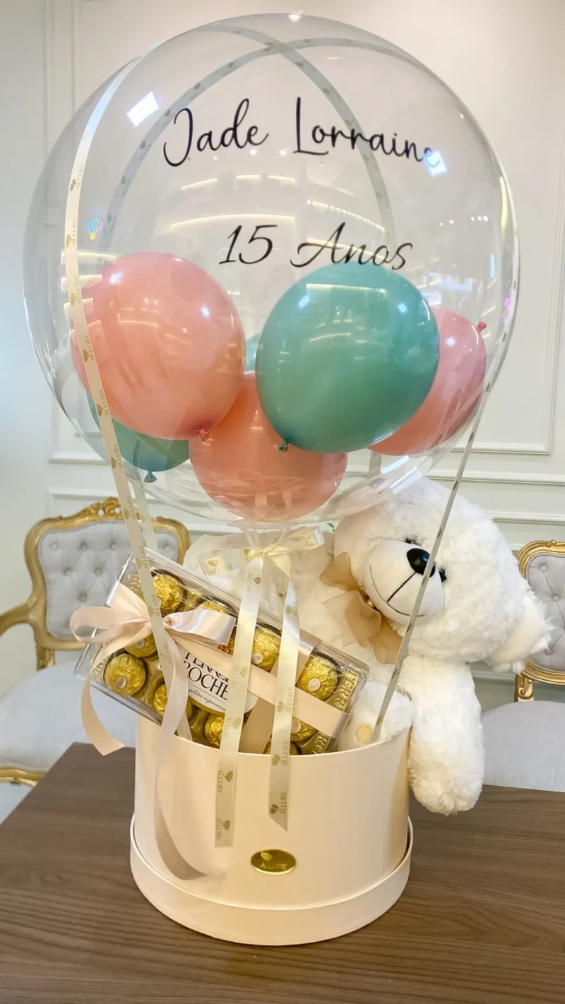 Box personalizada com pelúcia e chocolate - Balão Box grande personalizada com pelúcia média e caixa acrílica de Ferrero R...