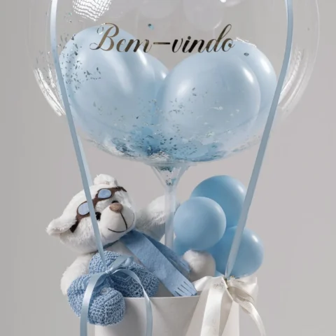 Ballon box maternidade Aviador - Ballon Box Maternidade masculina com sapatinho, ursinho aviador e balão personalizado
