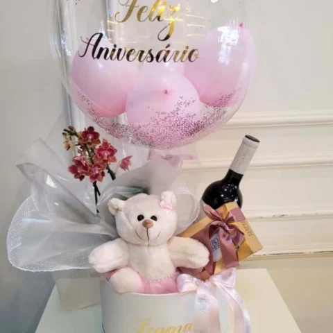 Balão personalizado pelúcia pequena Ferrero Rocher 8 un. vinho Punta Negra e Orquídea Allure média em caixa personalizada média