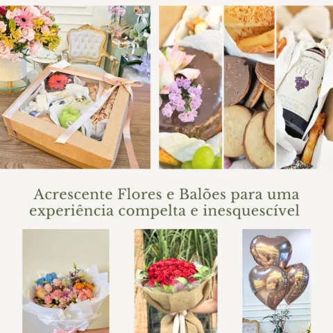 Café com flores - Cesta de café da manhã luxo com personalização na caixa, quitandas, suco, bolo, doces e io