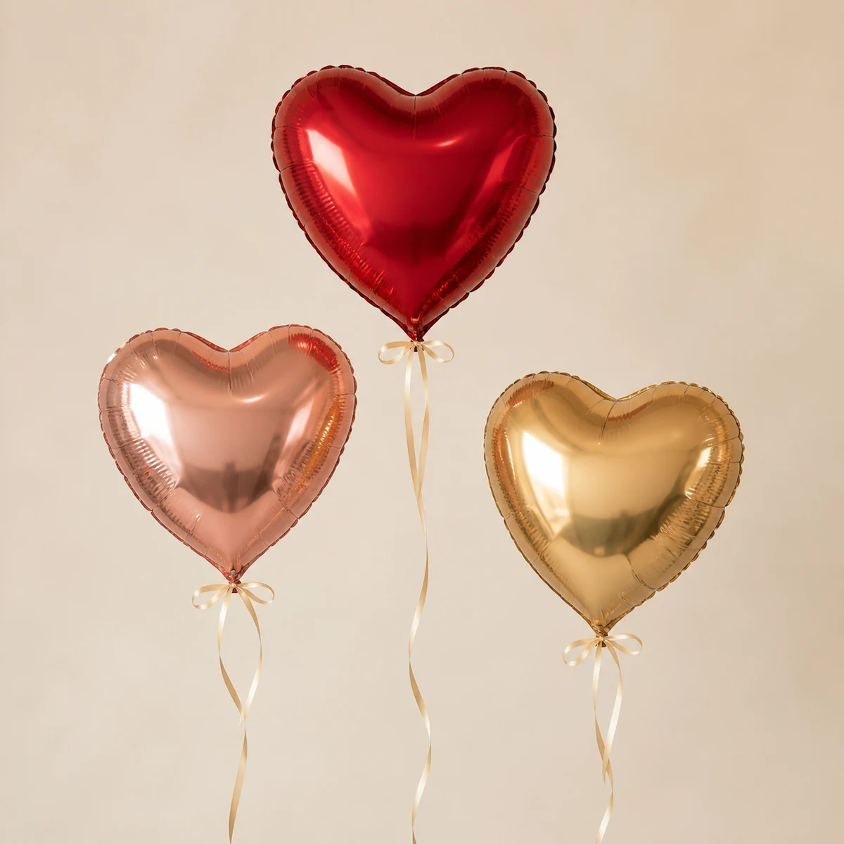 Balões de coração metalizados flutuando com gás hélio em cores vermelho, rosé e dourado